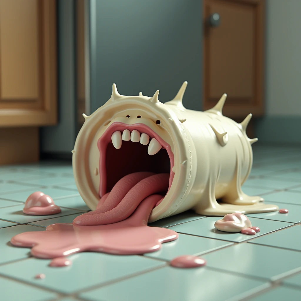 Picture a milkshake that has thrown itself out of the fridge onto the floor. his tongue is out and he is dead, The milk inside spilled onto the ground