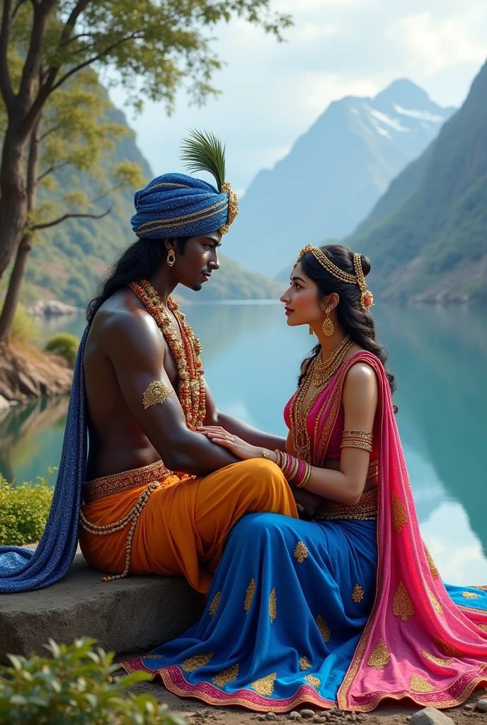 lord krishna wearing glittery royal blue Sarpech turban and indian brown tone skin sitting near a beautiful lake and mountains and beside him is sitting goddess Radha wearing a Lehenga of royal blue, pink amd red combination in Rajasthani style and she is fair.