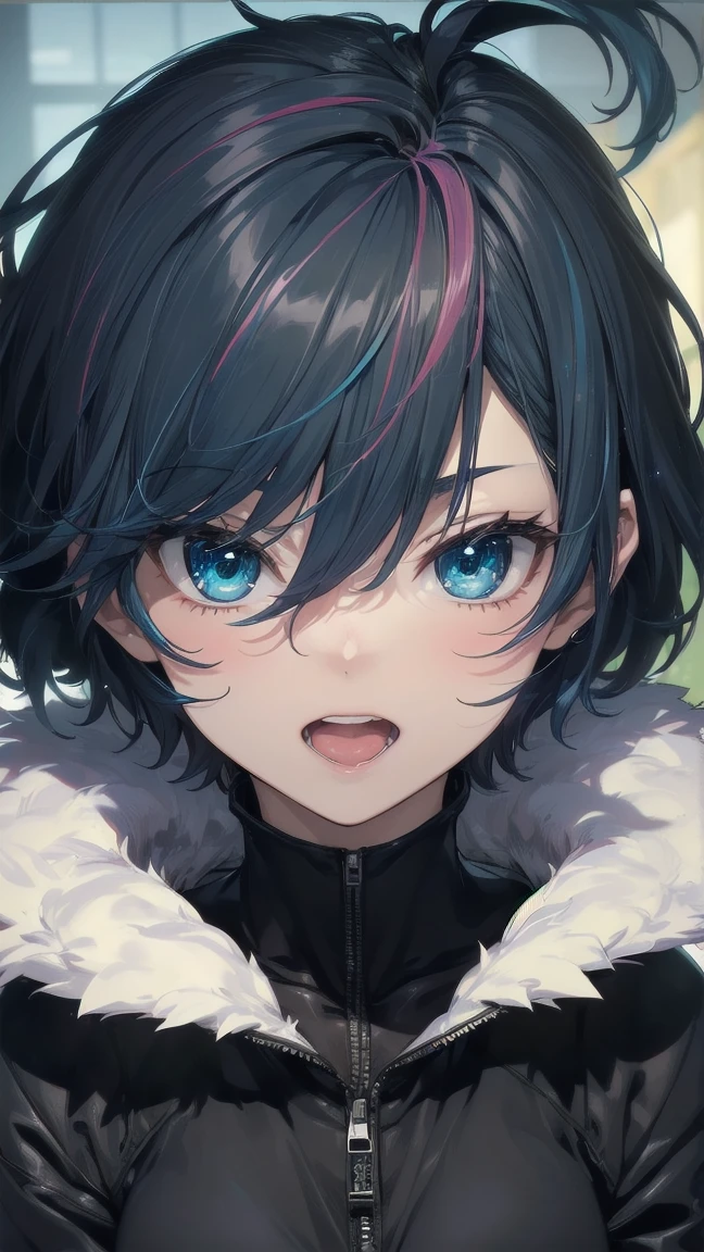 Close-up of a manga girl with blue hair and a yellow shirt, 2D Animation, 2D Animation style, 2D Art, 2D Art, 2D from Gorillaz, 2D from Gorillaz, 2D Gorillaz, Screaming Cerket, 2D Sprite, Jinx Face, short hair, Small breasts, hot pants, ((Black Hair, Inner bright blue hair:1.4))