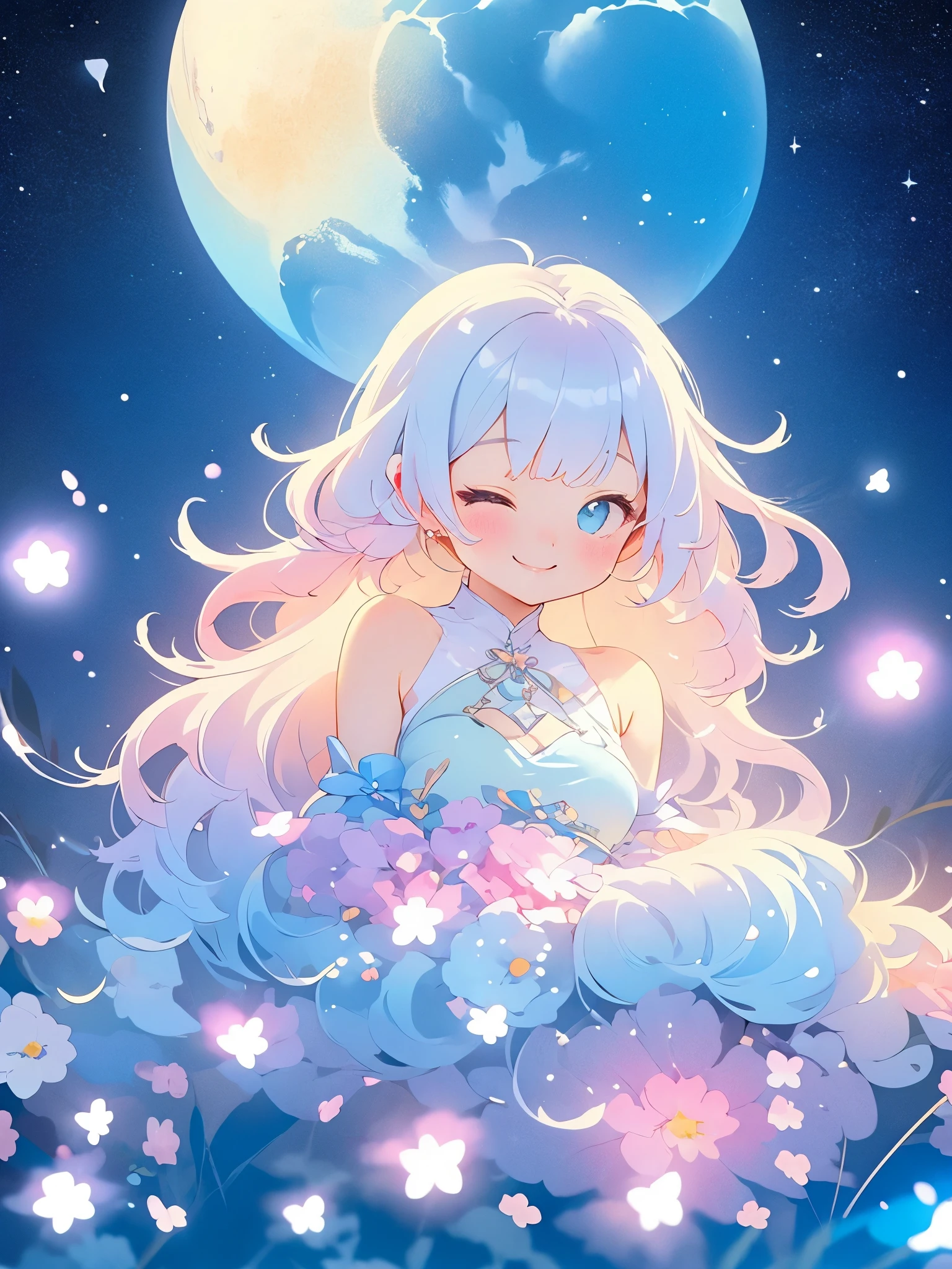 Highest quality、Smiling Girl、Light blue and pink gradient long hair、Fantasy、Stars in your hair、Surrounded by colorful pastel flowers、cute、Stardust、Space Dust、beautiful、Fantasy