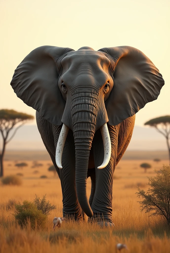 Create a captivating, hyper-realistic, AI-generated artwork of an African elephant standing majestically in the middle of the African savanna. The elephant should be depicted in a natural and powerful moment, showcasing its large, textured ears and long, curved tusks. Capture the massive, rounded form of the elephant, with its wrinkled skin and impressive stature. The scene should reflect the African landscape, featuring expansive grasslands, scattered bushes, and perhaps a few distant acacia trees. Emphasize the texture of the savanna, including the tall grasses and the warm, earthy tones of the environment. The lighting should be soft and natural, conveying the warmth of the African sun and highlighting the elephant’s features and the surrounding landscape. The style should be hyper-realistic yet artistic, with a focus on the elephant’s majestic presence and the vastness of its natural habitat. The final artwork should be high-resolution and visually striking, capturing the strength and serenity of the elephant in its natural setting.