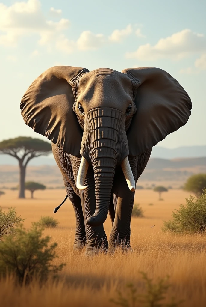 Create a captivating, hyper-realistic, AI-generated artwork of an African elephant standing majestically in the middle of the African savanna. The elephant should be depicted in a natural and powerful moment, showcasing its large, textured ears and long, curved tusks. Capture the massive, rounded form of the elephant, with its wrinkled skin and impressive stature. The scene should reflect the African landscape, featuring expansive grasslands, scattered bushes, and perhaps a few distant acacia trees. Emphasize the texture of the savanna, including the tall grasses and the warm, earthy tones of the environment. The lighting should be soft and natural, conveying the warmth of the African sun and highlighting the elephant’s features and the surrounding landscape. The style should be hyper-realistic yet artistic, with a focus on the elephant’s majestic presence and the vastness of its natural habitat. The final artwork should be high-resolution and visually striking, capturing the strength and serenity of the elephant in its natural setting.