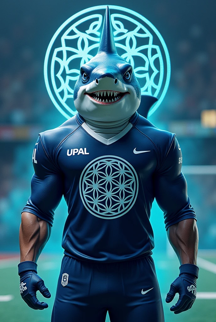 Sports shark in navy blue uniform, white and turquoise with the initials UPAL and the flower of life 