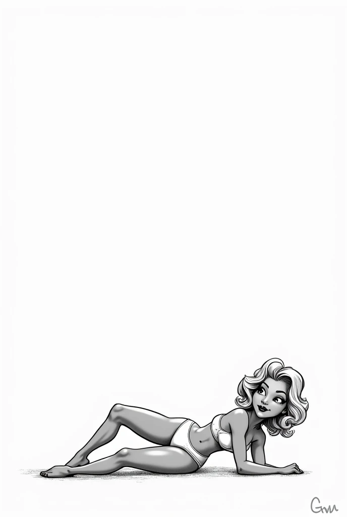  Lying pose, Pin up girl pose, 1980 cartoon style, black and white, caricature, blonde 1920's hair style , full body, white vintage bathing suit, sitting, white background