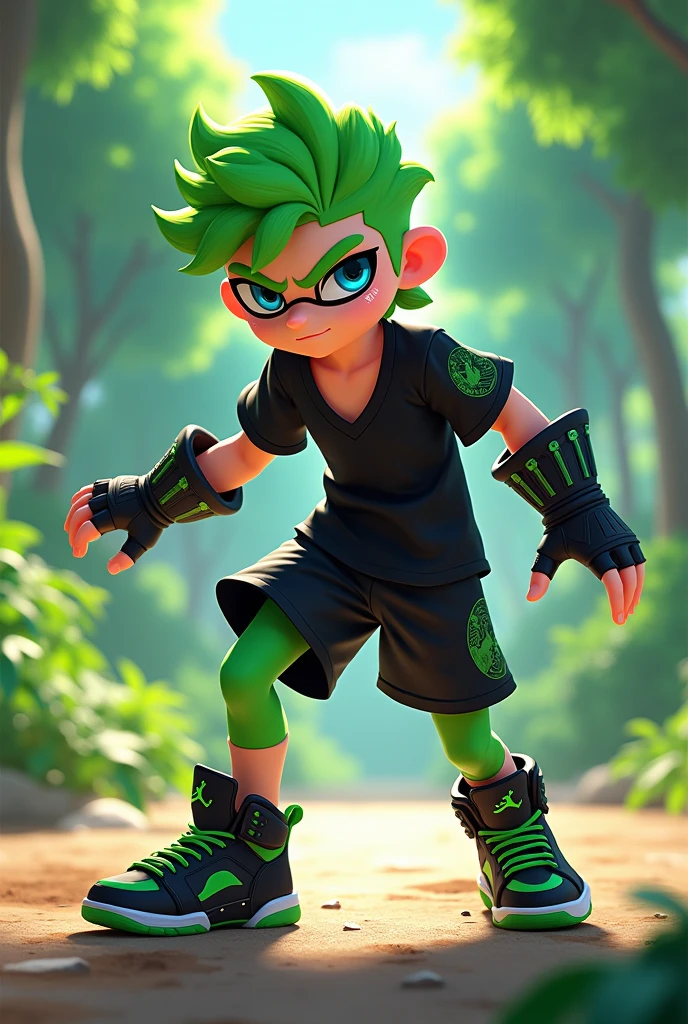 Splatoon, Inkling, male, blue eye, green hair court ,
T shirt en col V noir avec des gants de combat, Black Jordan with green logo,
Short avec des collant qui couvre ses jambes sportif,