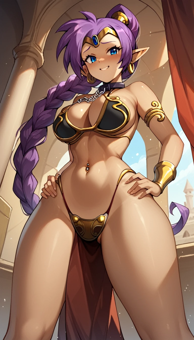 score_9, score_8_up, score_7_up, source_anime, best quality, solo, clear face, Shantae, purple hair, long braided hair, large breasts, perfect body, looking at viewer, sex slave, shiny slave bikini, inside, palace, standing, dynamic angle, high leg thong, from behind, big ass, wide hips, low angle, navel piercing, pelvic curtain, cum all over face