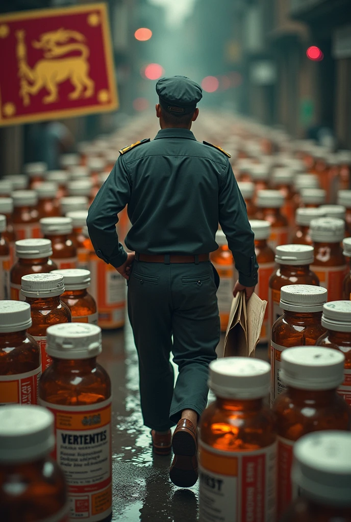postman delivering letters to giimage of various medicines and pharmaceutical bottles with labels in a foreign language, symbolizing the controversy over foreign drug supply. The background is a mix of Sri Lankan flag colors and dark, moody tones to convey a sense of urgency and concern.l