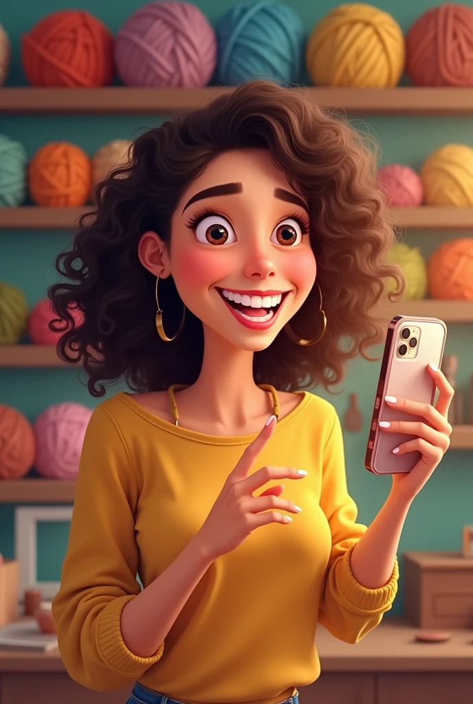 Pixar style drawing of a brunette, with loose curly hair, Grinning, holding cell phone, showing the message on the cell phone and pointing to the cell phone with your hand, a studio backdrop with shelves full of balls of yarn.