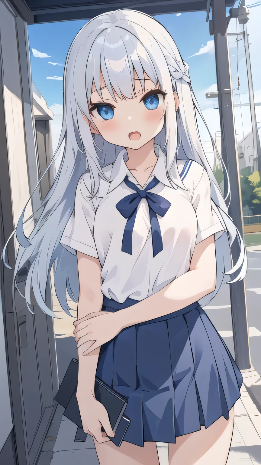 cute girl, anime, silver hair, straight hair, Blue eyes, outdoor, cowboy shot, (orgasm:1.1), (young:1.4), dark blue skirt, white camisole, small bust, school uniform, (sheer bra:0.8), (cute:1.1), blue hair ribbon, strongest wind, (ローアングル:1.2), school room