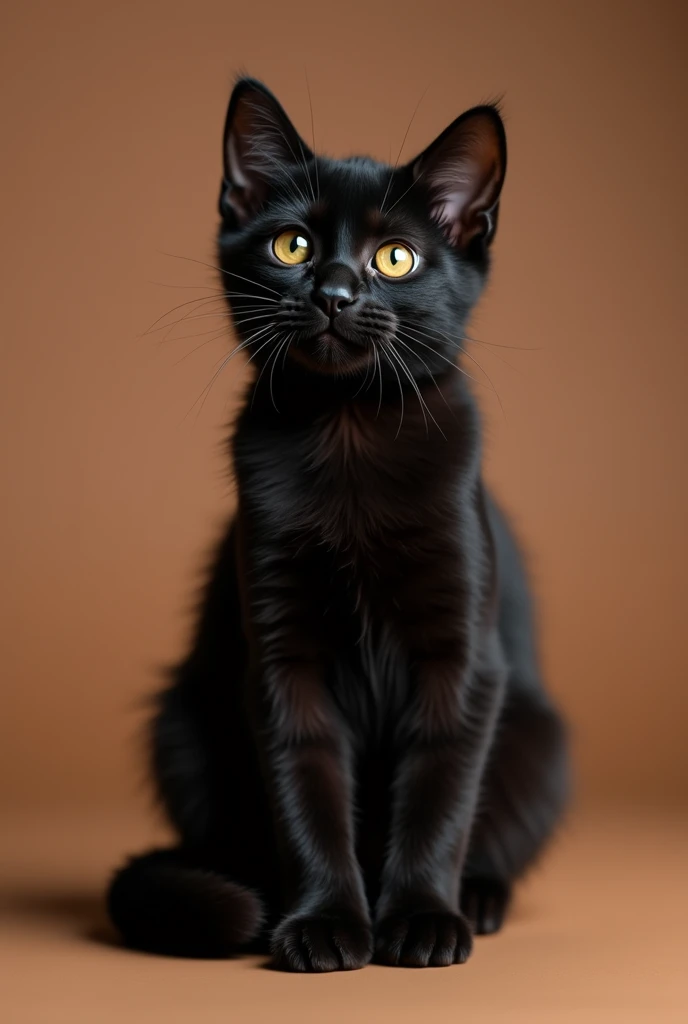 a beautiful black cat, slightly kitten, he is sitting sideways, isolated on a brown background