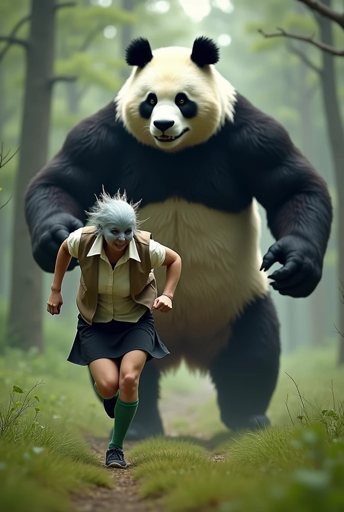 ((Highest quality)), ((Pigeon-headed woman)), (Angry Giant Panda), (Giant panda holding a refrigerator in both hands), Giant panda holding a refrigerator in both handsが後ろから追いかけてくる, A woman with a grey pigeon head is running as fast as she can to escape a giant panda, A grey pigeon-headed woman is wearing an off-white collared short-sleeved shirt, a light brown vest, a knee-length black skirt, dark green socks and black shoes., Muscular grey pigeon-headed woman, The background is a grassy forest, Photorealistic images,
