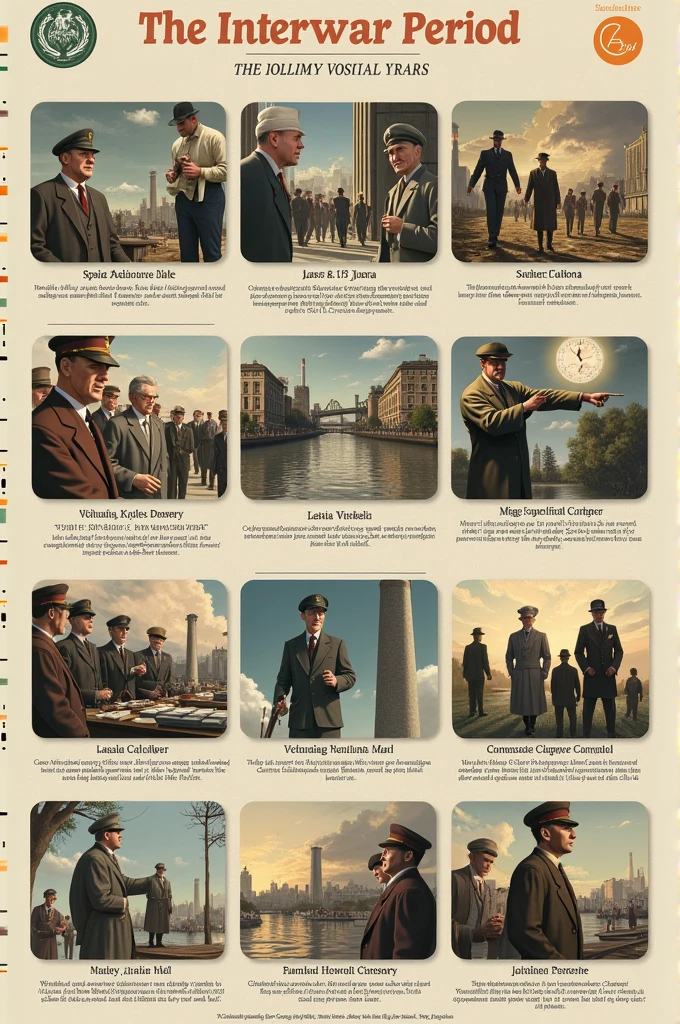 Create 10 images of the interwar period on a letter sheet with their respective names
