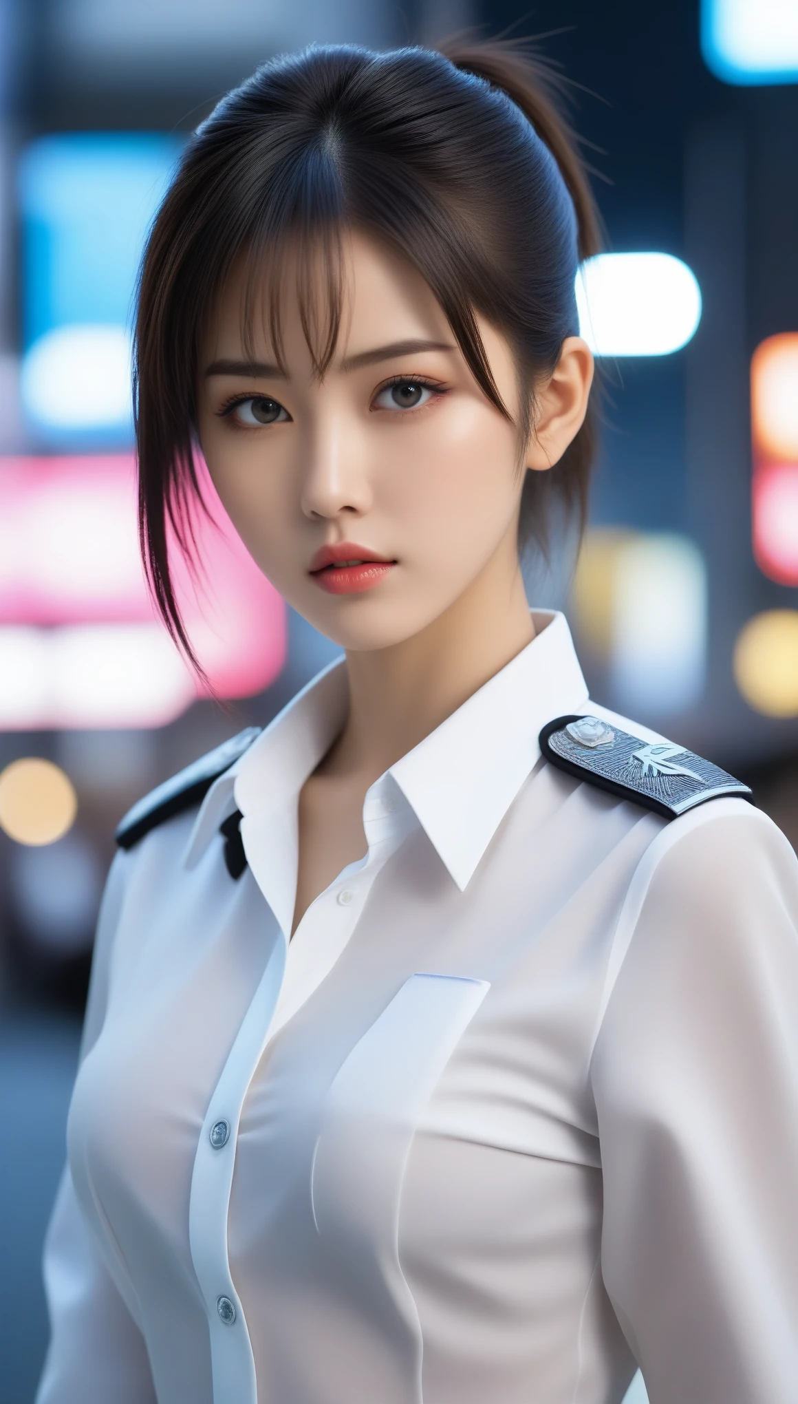 8k, Ultra-high resolution, Highest quality, masterpiece, 三分割法によるphotograph,Surreal, photograph, 1 , (:1.3), cute, cute顔, 細部までBeautiful Eyes, 細かくdetailedに,masterpiece,One Girl:1.2,Japanese women,Policewoman,upper body,glaring,Black short hair,High ponytail,ID photo,(Police officer of the future:1.3),cyber punk,Future City,white collar,((Fusion of humans and androids))(Beautiful attention to detail),Subtle details, detailedな顔,anger,Attractive eyes,(ポートレートphotograph:1.4),(Photorealistic images:1.4),Fantasy art,(Beautiful Face:1.4),美しくAttractive eyes、Beautiful Eyes,Silver residue,(Tight waist:1.4)、(Beautiful with perfect body proportions:1.4),Pink Lips,profile,(((Ideal body type))),A-cup small breasts :2,、Portraiture:2、Perfect Anatomy、鮮明なdetailed、detailed,Fashion magazine cover,Thin lips,完璧でBeautiful Face ,完璧でcute顔, Skin with attention to detail, Perfect limbs、Narrow waist,Surreal,Light and shadow,spotlight
