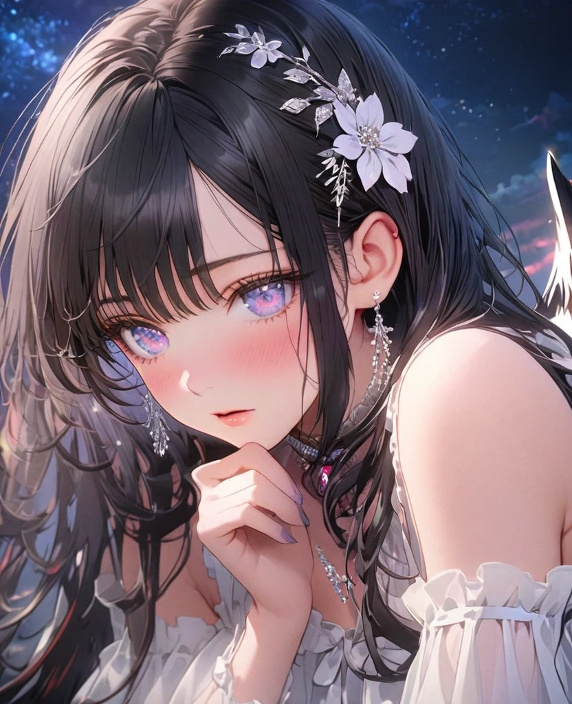 8k,Ephemeral beauty，Very delicate and beautiful,Beautiful and realistic skin,Hair that shines like a jewel,Black Hair、Long and colorful hair,Beautiful Eyes,good,Beautiful night sky、shy、White, frilly adult clothing、
