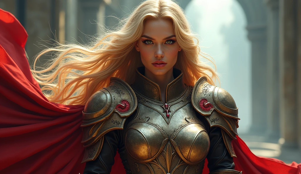 I need a woman in armor and a cloak with red and gold details., with long blond hair and bright makeup.