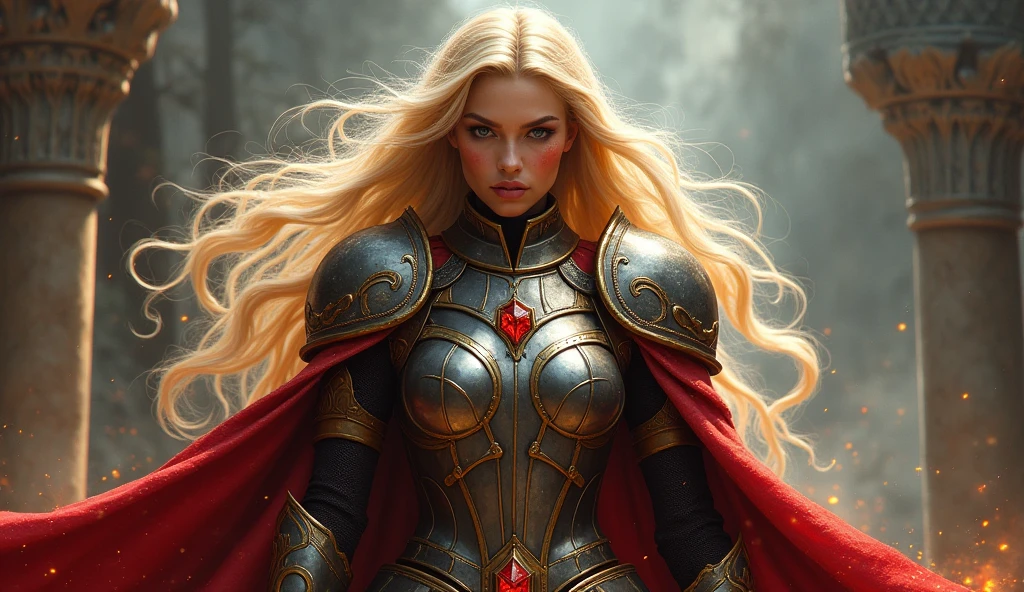 I need a woman in armor and a cloak with red and gold details., with long blond hair and bright makeup.