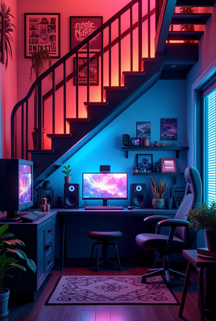 an ultra realistic image of a colorful gamer room with a black computer under a staircase and the words LIVE STREAM