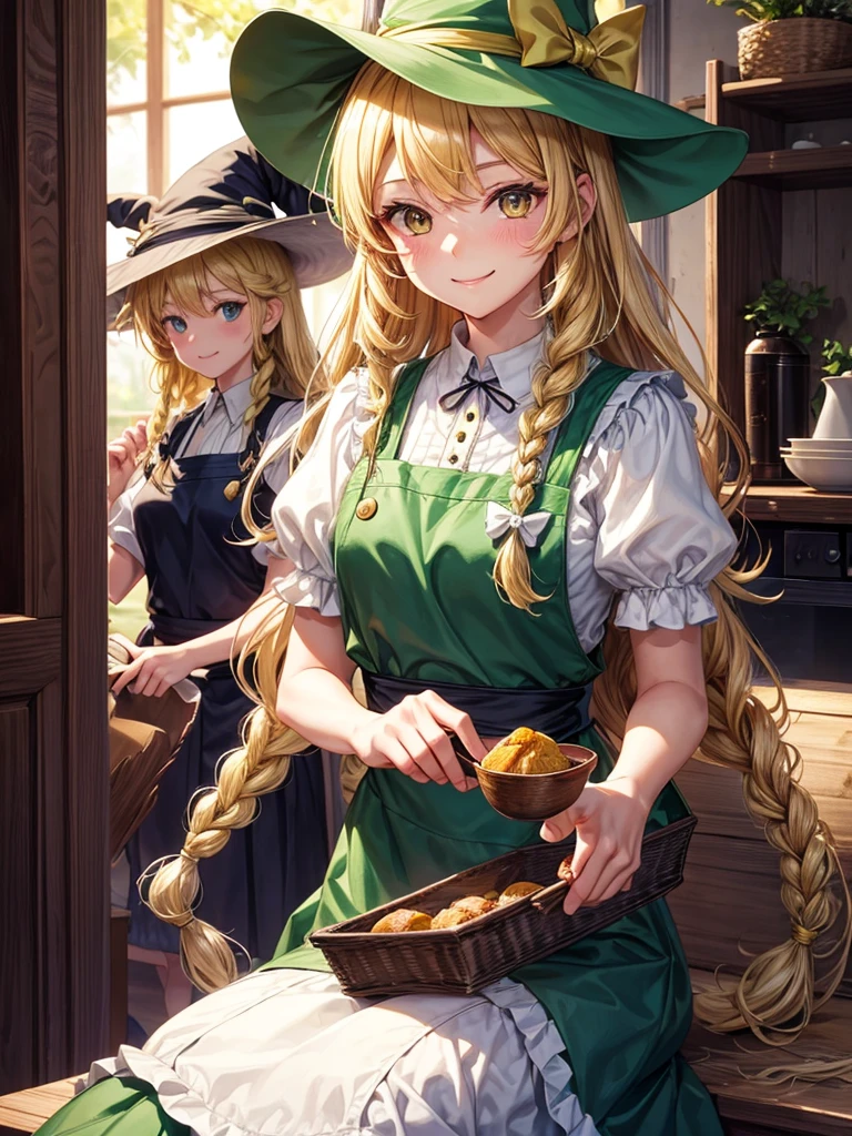 2girls,
green dress, short sleeves, white apron, straw hat, hair bow, smiling, flushed cheeks, long hair, yellow hair, single braid, side braid, green eyes, smiling,
BREAK,
kirisame marisa, wizard, long hair, wavy hair, single braid, side braid, blonde hair, golden eyes, vest, apron, bow short sleeves, hat bow, puffy sleeves, long skirt, witch hat, smiling,