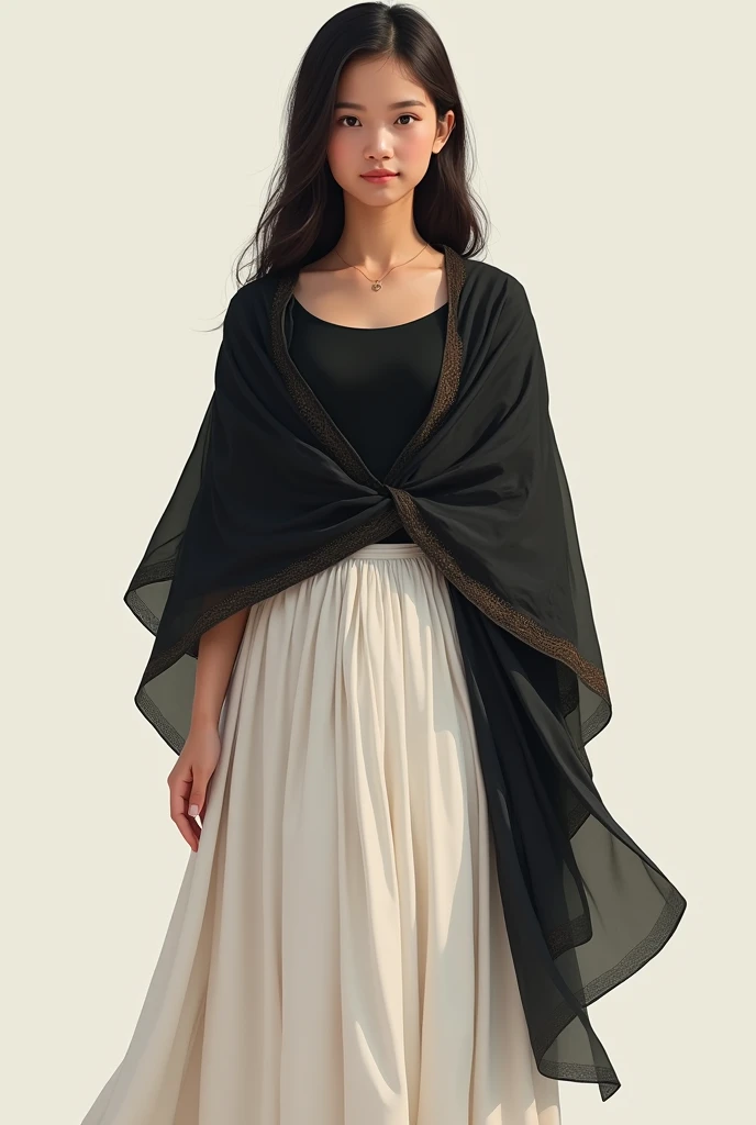 girl, wears filipino clothing, white skirt, BLACK shawl or scarf worn over both the shoulders, with black sleeveless top inside, not sexy, filipiñana