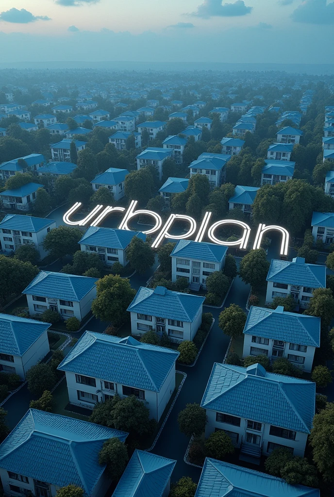 PICTURE REALISTIC, in 8k of houses seen from above forming the word &#39;URBPLAN&#39; with their roofs. image with predominant colors in shades of blue