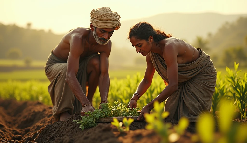 a young indian poor man and his wife working hard in the farm