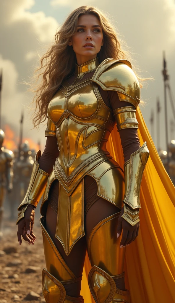 (masterpiece), (Highest quality), Photorealistic, Raw photo, Realistic, Cinematic Light, Goddess in golden armor, stand, Battlefield Background, Perfect body, uniform  