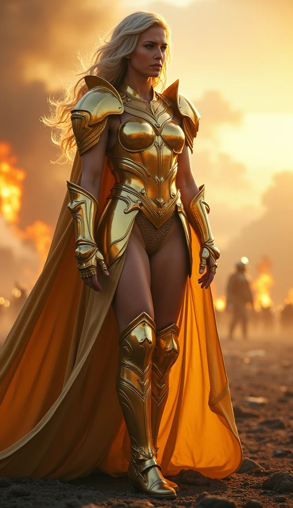 (masterpiece), (Highest quality), Photorealistic, Raw photo, Realistic, Cinematic Light, Goddess in golden armor, stand, Battlefield Background, Perfect body, uniform  