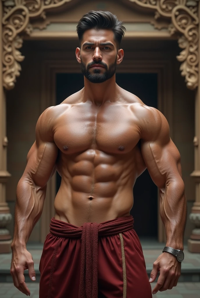 (best quality,4k,8k,highres,masterpiece:1.2),ultra-detailed,(realistic,photorealistic,photo-realistic:1.37),muscular,athletic 40-year-old male,striking handsome face,naked,sexy pose,temple background,detailed and realistic facial features,really handsome,beautiful
