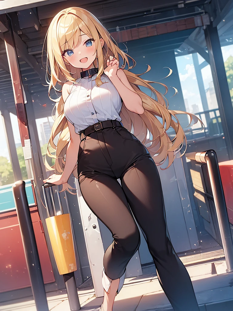 (Masterpiece, Top quality:1.5), full body, (1 beautiful girl, solo:1.2), (short height:1.2), (Cotton Flare Pants:1.3), Blonde hair:1.1, medium Hair, wavy Hair, asymmetry bangs, swept bangs, airy hair, large breasts:1.2, smile:1.3, blush, beautiful scene of station platform, magnificent panorama view, blurry background, open mouth, dynamic pose, dynamic angle