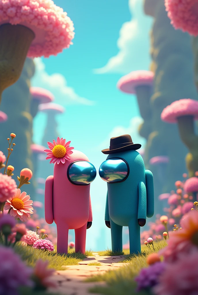 Among us , brown with black hat and black suit, Cyan with pink dress and a flower already head