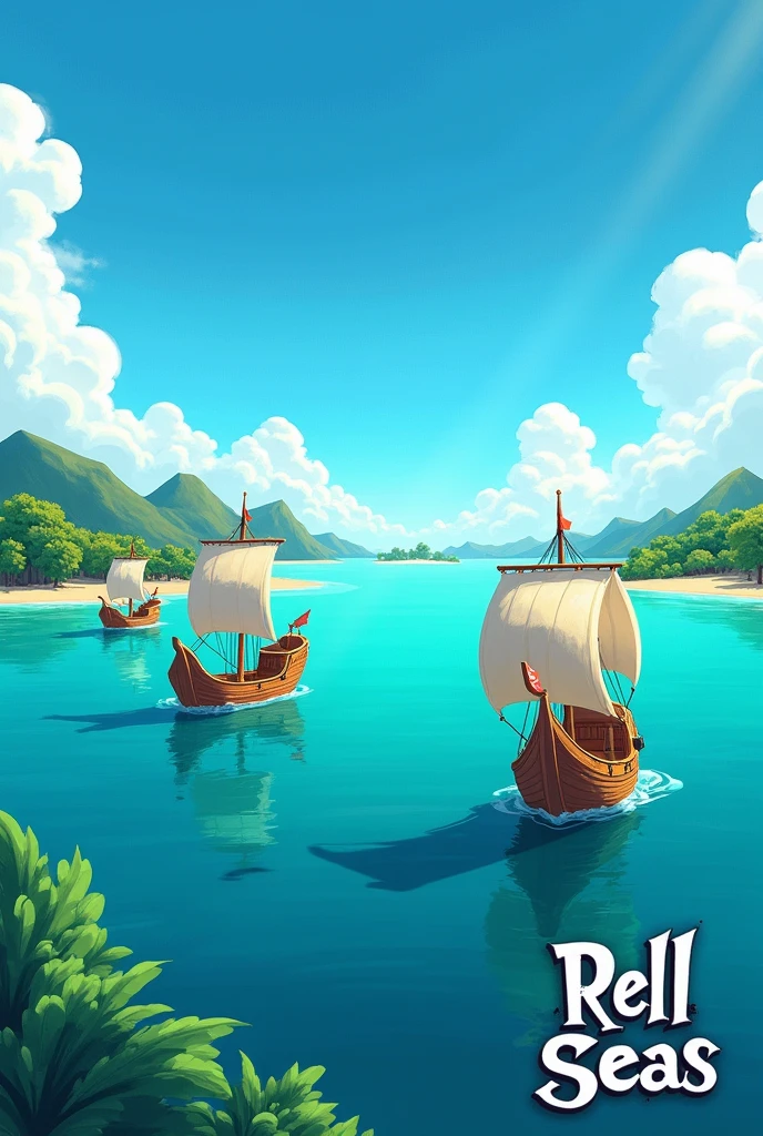 A roblox game icon  , one piece anime style with boats and on the bottom right corner , "Rell Seas" should be shown. (there should be no characters only boats , water and islands) and make it horizontal like for desktop not for mobile