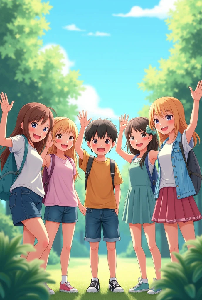 1 boy and 6 girls waving goodbye to the camera