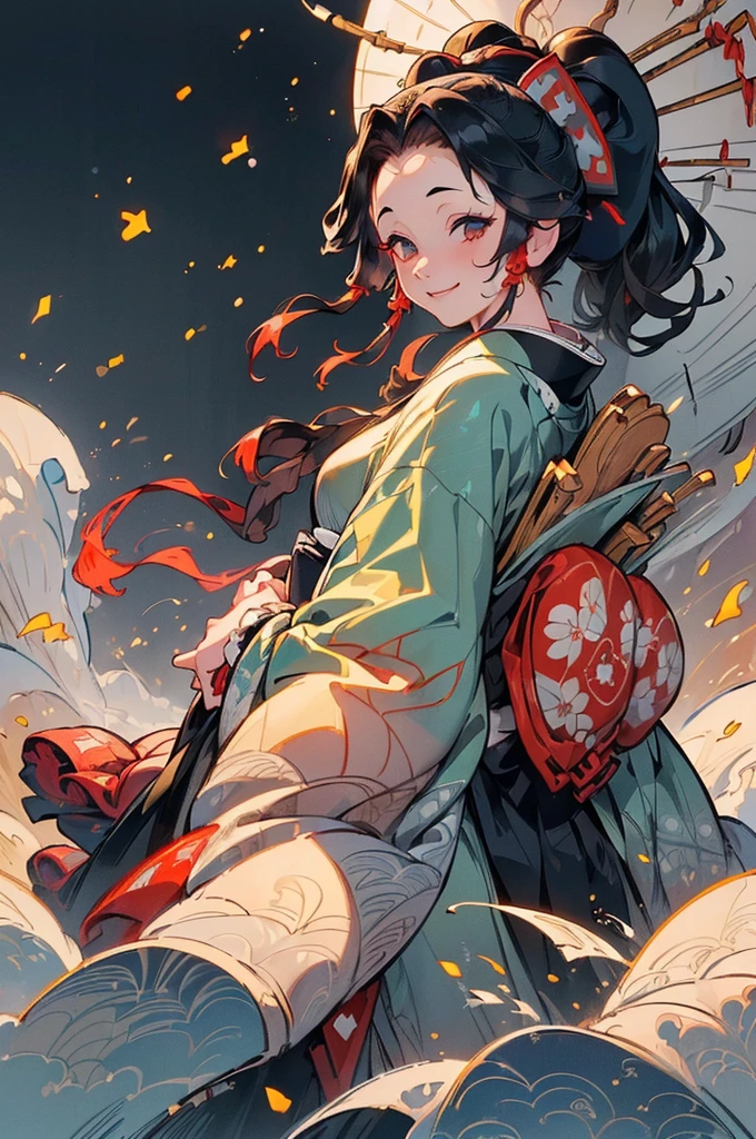 ((((High resolution, Intricate details, masterpiece, 8k, from front)))), (((beautiful, kimono, Ukiyo-e))), ((One Woman, smile, Red cheeks, slender)), (Black Hair, Beautiful forehead, Long Hair, ponytail, Big ribbon, Glowing Skin), from front, looking at viewer, look at viewer,