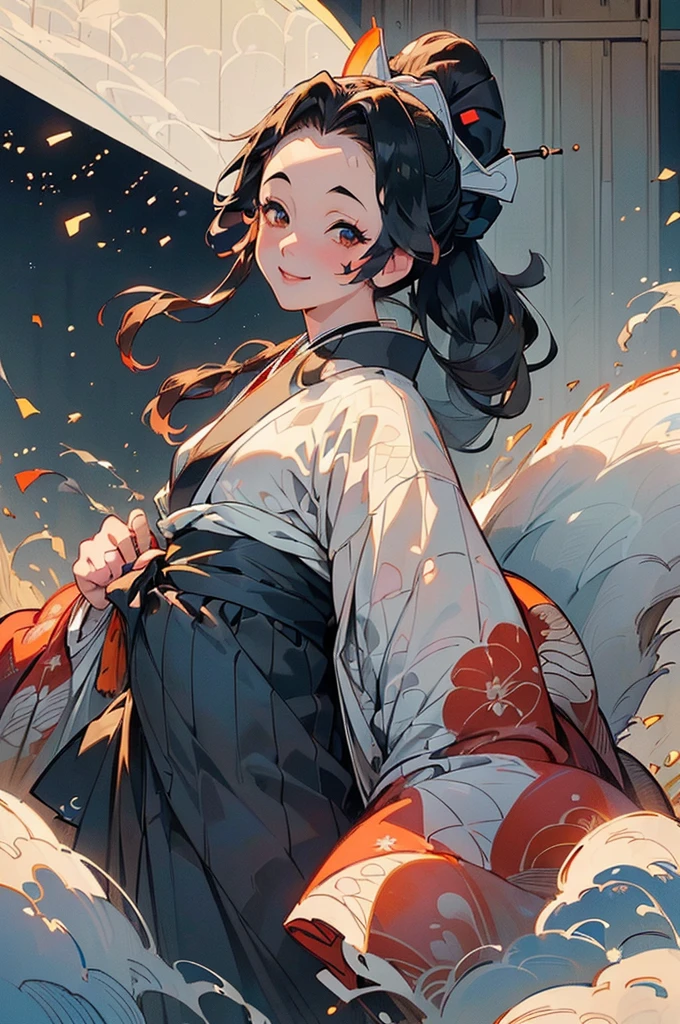 ((((High resolution, Intricate details, masterpiece, 8k, from front)))), (((beautiful, kimono, Ukiyo-e))), ((One Woman, smile, Red cheeks, slender)), (Black Hair, Beautiful forehead, Long Hair, ponytail, Big ribbon, Glowing Skin), from front, looking at viewer, look at viewer,