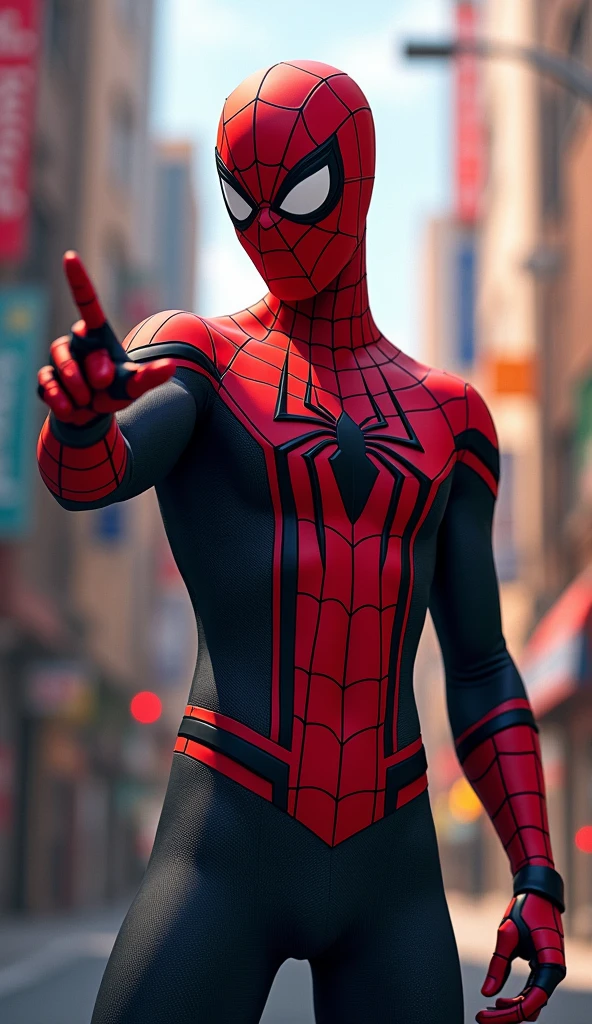 The image features a superhero character, known for his distinct costume that combines red and black colors. He has a stylized spider emblem on his chest and is depicted in an action pose, pointing forward with one hand. The suit is detailed with web patterns and gloves that emphasize agility and strength. The background is vibrant, possibly showcasing a cityscape or urban environment, with bright colors that enhance the dynamic feel of the scene. The character exudes a sense of confidence and readiness for action.