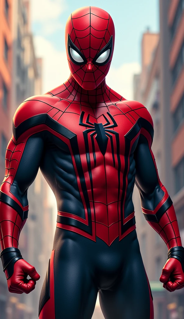 The image features a superhero character, known for his distinct costume that combines red and black colors. He has a stylized spider emblem on his chest and is depicted in an action pose, pointing forward with one hand. The suit is detailed with web patterns and gloves that emphasize agility and strength. The background is vibrant, possibly showcasing a cityscape or urban environment, with bright colors that enhance the dynamic feel of the scene. The character exudes a sense of confidence and readiness for action.