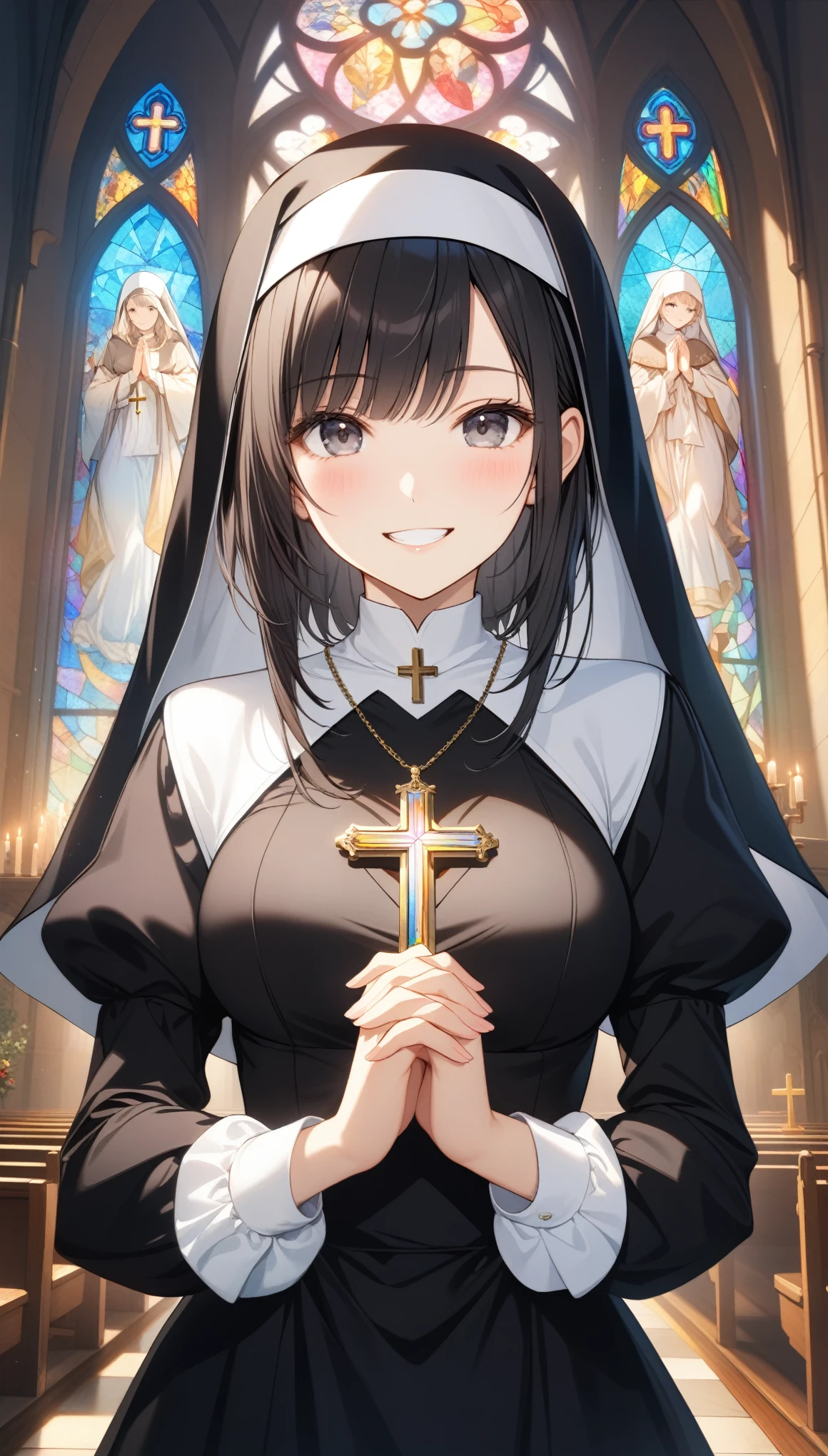 1girl, solo, breasts, looking at viewer, blush, smile, bangs, black hair, long sleeves, dress, jewelry, medium breasts, thighs, cowboy shot, puffy sleeves, indoors, necklace, grin, black eyes, black dress, grey eyes, own hands together, cross, juliet sleeves, interlocked fingers, nun, candle, own hands clasped, habit, cross necklace, stained glass, church, ((32k)), ((best quality)), ((ultra high res)), ((HDR)), ((UHD)), ((extremely detailed CG)), ((unity 32k wallpaper)), 