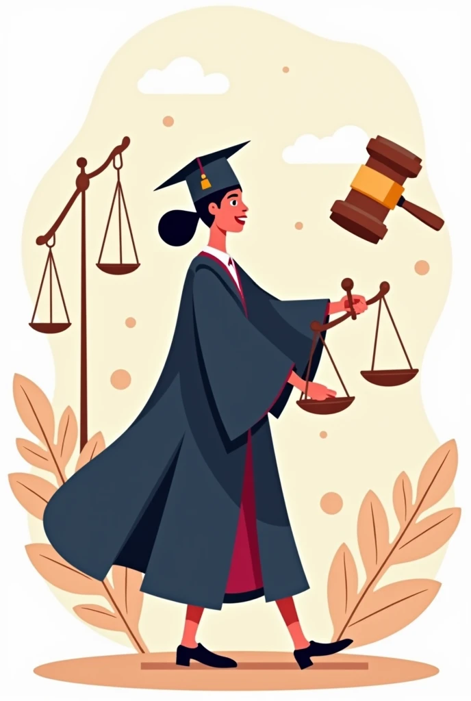 A man wearing her full of graduation gown Takes up the half of the design area, next to her are the big scales of justice and the hammer, a large two-dimensional drawing.cartoon drawing more details