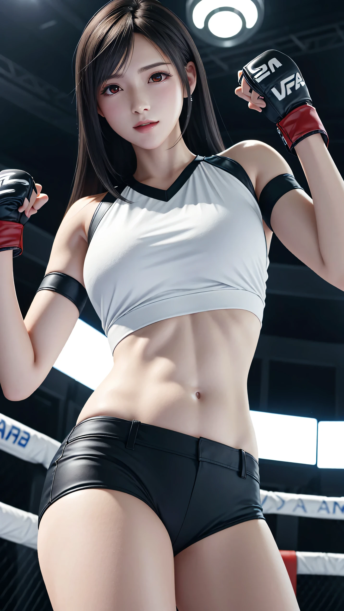 8k,masterpiece, Highest quality,big breast, (1 person:1.5), Tifa Lockhart, red_eye, Black Hair, Long Hair, Professional Lighting, (Glowing Skin: 1.2), shiny skin, ((Highest quality)), Sharp focus: 1.2, Highly detailed face and skin texture, detailed eye, Perfect Face, Perfect body, CG, Big Breasts, before (Age 25, Mature, cool and beautiful face), (on MMA Arena :1.5), (wearing MMA uniform:1.5, white tops and black bottoms:1.3), thigh, belly button,glaring,(From Below:1.2),Look At View,Victor, Full body, Dynamic Angle,
