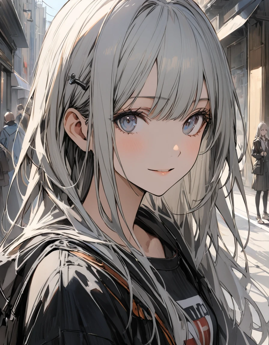 (one person, Slim,Small Breasts,Bangs,Silver long hair,slope_Eye),rest,(Meet me on the street,I'm very happy with you),rest,Concept Art, masterpiece, Super Detail, Attention to detail, high quality, 最high quality, high resolution