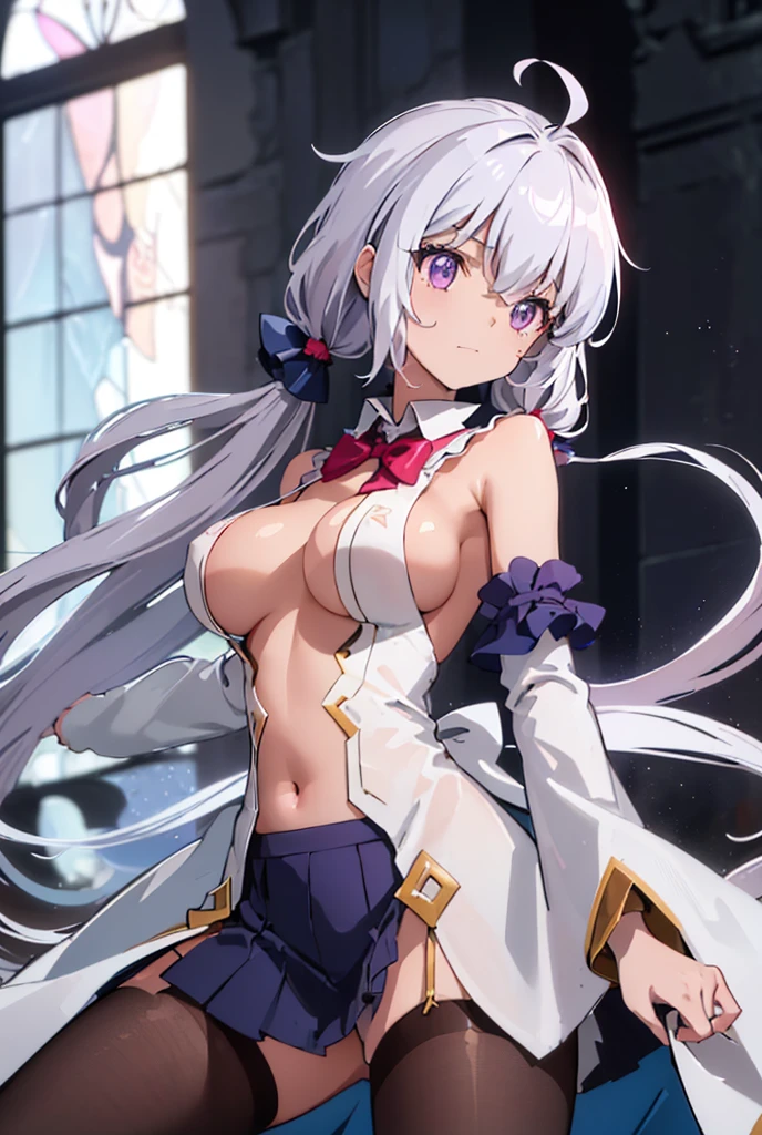 ((masterpiece)), ((Best quality)), (high resolution), (illustration), (an extremely delicate and beautiful), (ultra detailed beautiful face and eyes), nsfw, 1girl, leaning forward, YukineChris, long hair, purple eyes, twintails, low twintails, ahoge, large breasts, fishnet pantyhose, red a bow tie, volumetric lightning, detailed skin texture, detailed, volumetric shadow, anime screencap,Highest quality, Sorceress, ancient babylonian nobility, ((tan skin:1.2)), (brown skin color),Long hair, twin braids, hair ornament, wine colored hair, smile, Below average size breasts, bare shoulders, (underboob:0Nudes、Your clothes are torn、Are sleeping、Spread legs 8K, masterpiece, Best_quality, high_resolution, ultra_details, detailed, 1girl, 独奏, long_hair, looking_at_viewer, upper_body, indoors, braid, blurry, bangs, shirt, white_hair, blurry_background, collared_shirt, closed_mouth, church, hair_ribbon, hair_between_eyes, stained_Glass, Blue_ribbon, sidelocks, depth_of_field, light_particles, window, french_braid, Alphonse Mucha Style, sharp focus, perfect hands, perfect face, perfect eyes, perfect light, dynamic light, natural light, Masterpiece, Best quality,
