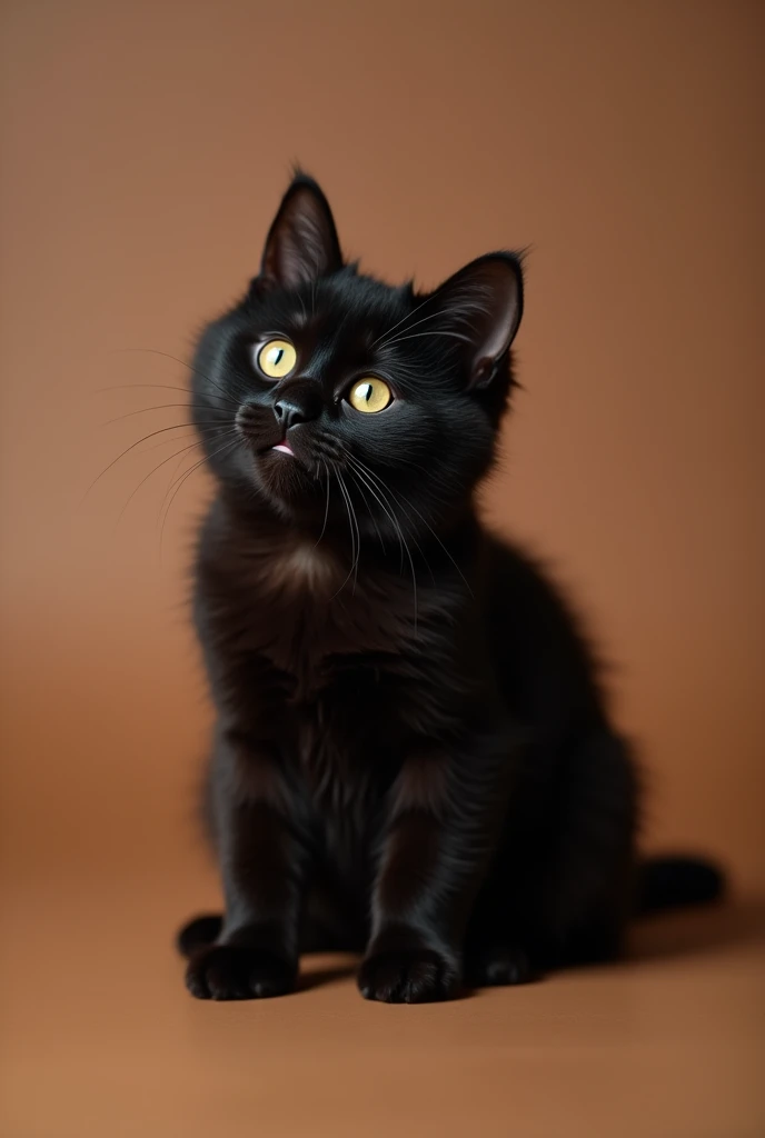 a beautiful black cat, slightly kitten, he is sitting sideways, isolated on a brown background