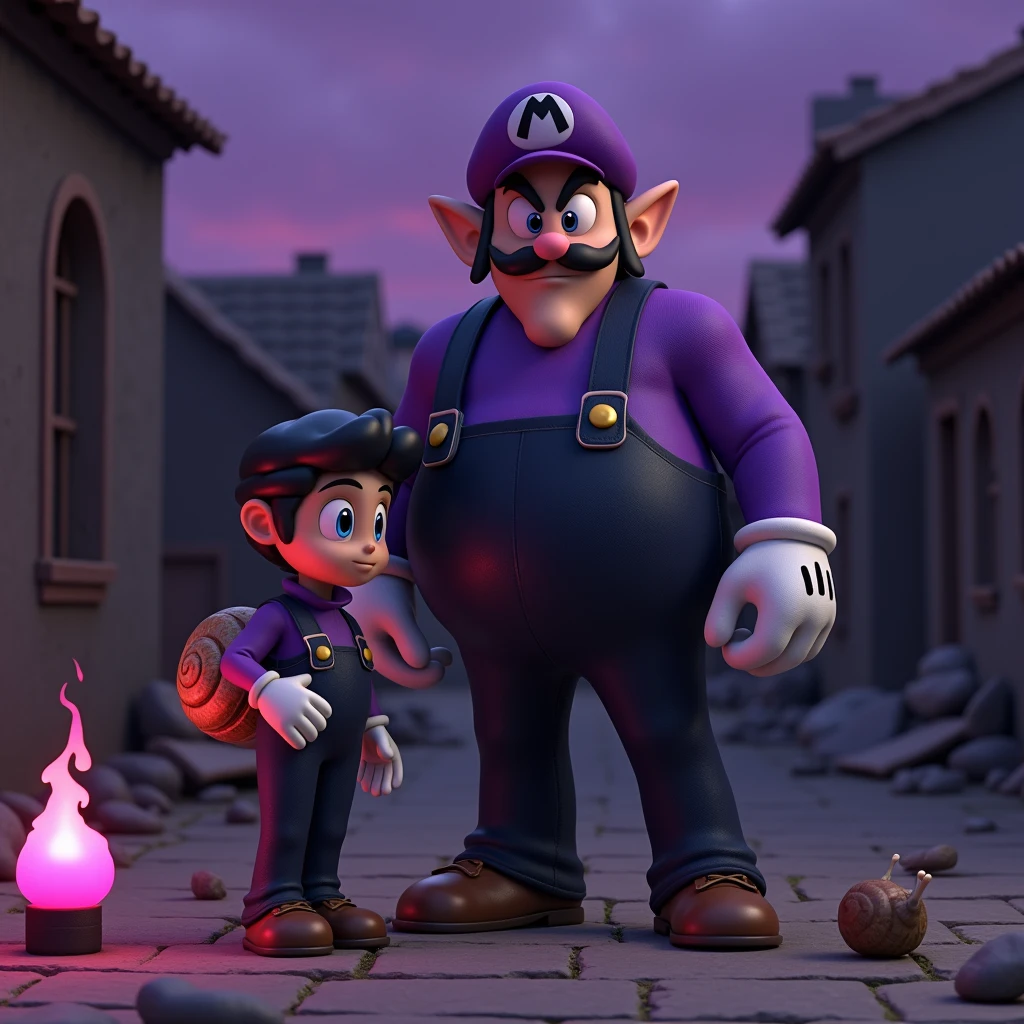 high quality,4K,HD,3d,3d rendering,pixar,waluigi,Wearing a purple hat and purple overalls,白色手套的黑发男孩背着Snail壳,Black beard,Dark Mario,end ,Pink-purple tones,Purple sky,,Snail,Dilapidated,Pink flame,Dark,