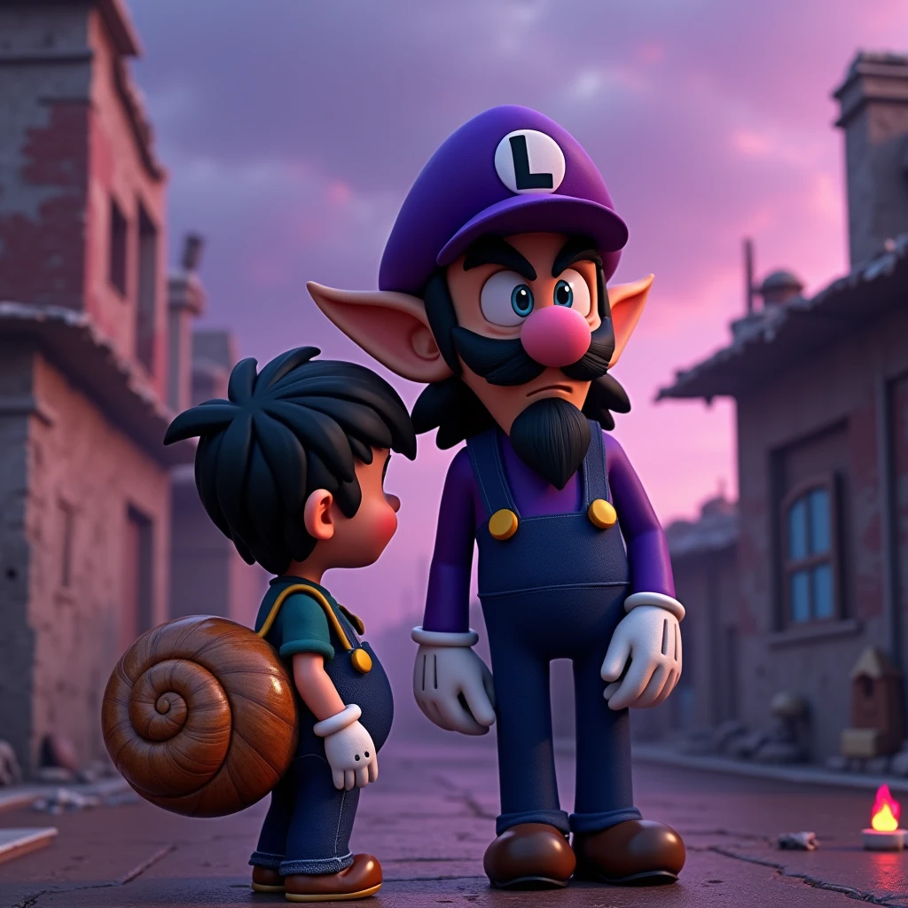 high quality，4K，HD，3d，3d rendering，pixar，waluigi，Wearing a purple hat and purple overalls，白色手套的黑发男孩背着Snail壳，Black beard，Dark Mario，end ，Pink-purple tones，Purple sky，，Snail，Dilapidated，Pink flame，Dark，