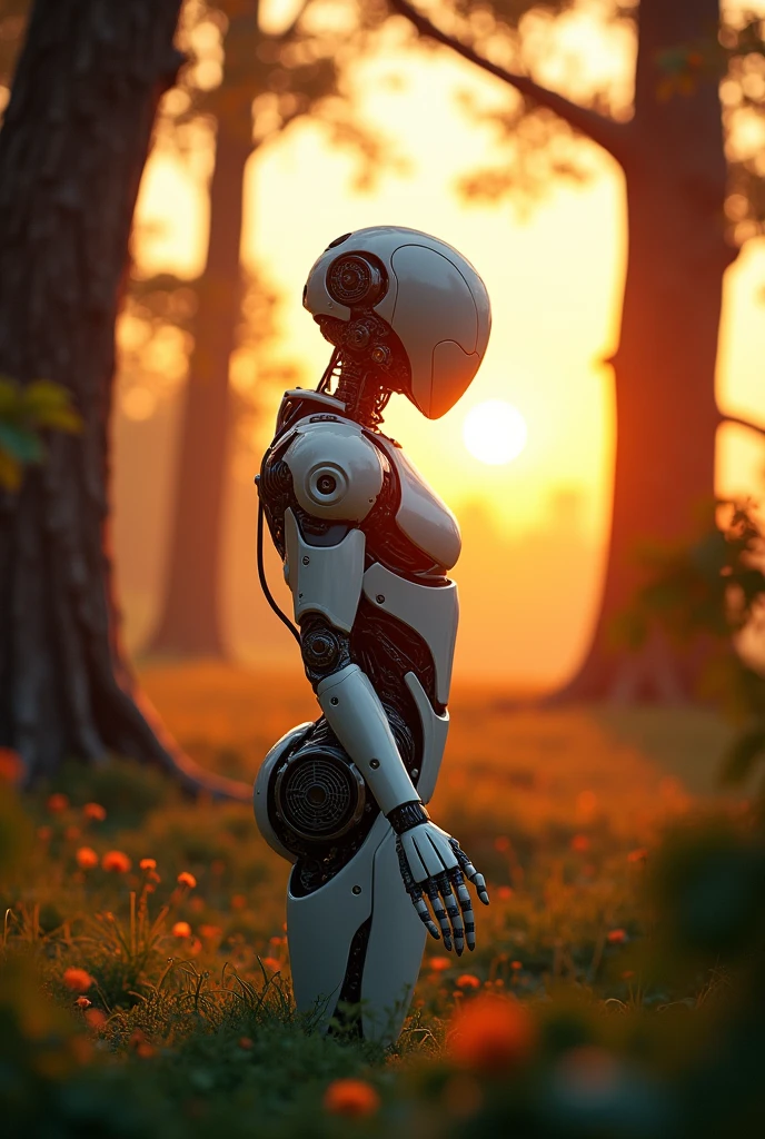 A tiger Woods robot arm and standing a tree and sunset