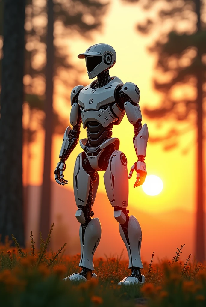 A tiger Woods robot arm and standing a tree and sunset
