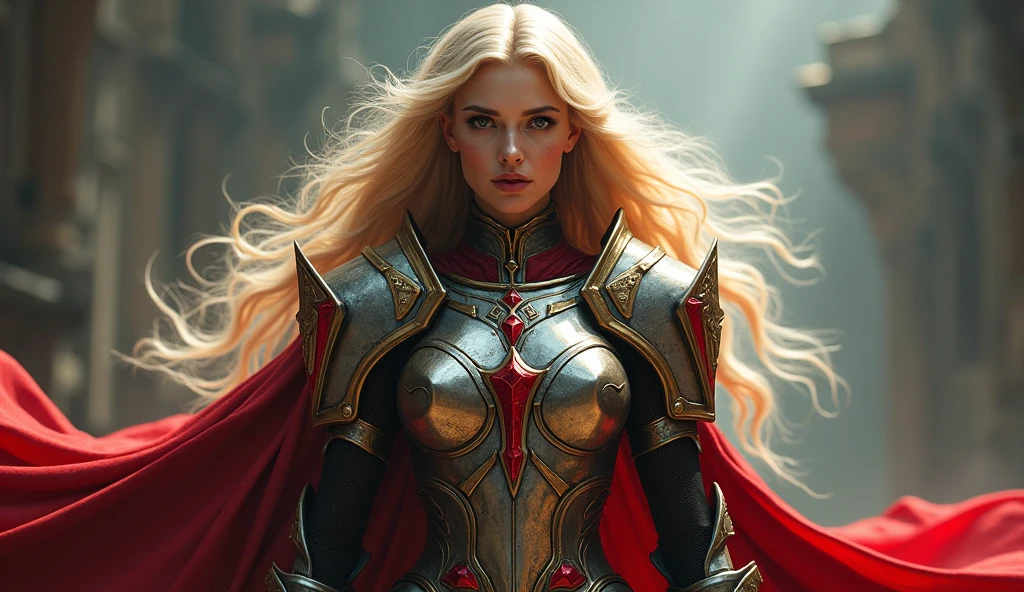I need a woman in armor and a cloak with red and gold details., with long blond hair and bright makeup.