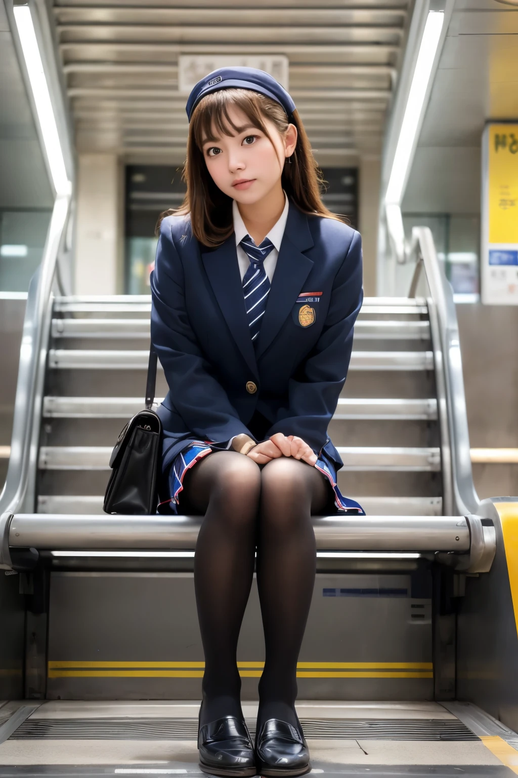 ((Highest quality)), ((masterpiece)), (Familiar), A high school girl sitting on a bench at a station on her way to school、Ignoring the audience、Navy Blazer、mini skirt、(Ultra-realistic pantyhose:1.3)、Voyeur、(Shooting from directly below)、Focus on legs wearing pantyhose、Station Escalator、
