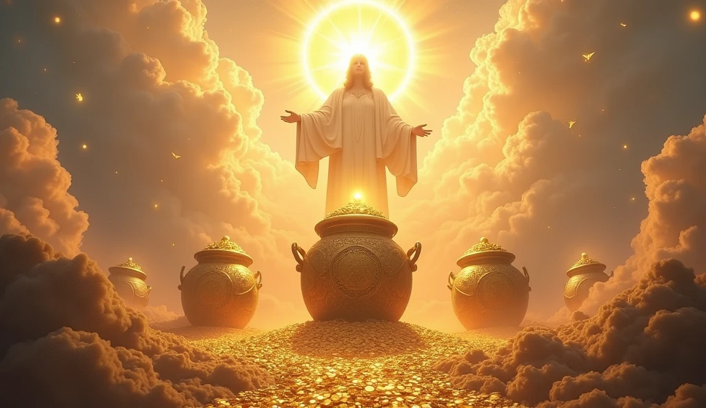 Money pots with full of money in heaven in front of God