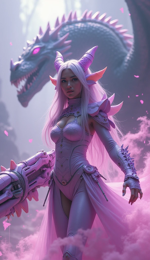 a dark, imposing Indonesian women clad in pastel dragon girl costumes, slime, shimmering lights, dragon in background, whirls of vapor, iridescent textures, dragon scales, dragon horns, dragon wings, translucent scales, soft neon pink light, ethereal ambiance, epic pose. wielding an enormous, highly detailed mechanical weapon. The weapon is a gigantic white futuristic excavation saw-like heavy Cannon with purple accents, covered in intricate mechanical parts, translucent pink tube and wiring, gears, and spikes, giving it a menacing appearance. dynamic angle, cinematic 